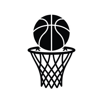 A black silhouette of a basketball going through a hoop