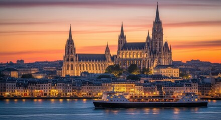 Fototapeta premium Beautiful Cityscape at Sunset with Cathedral and Ferry.