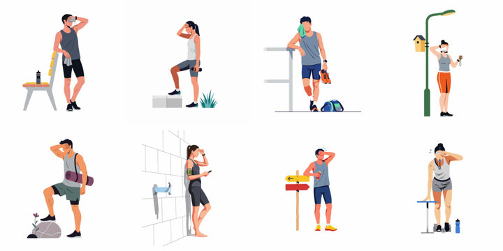 Collection of illustrations featuring diverse people sweating and feeling exhausted after intense workouts, running, or outdoor sports activities for fitness and health concepts.