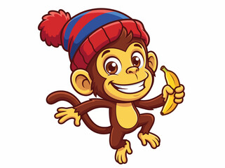 Fototapeta premium Cute cartoon monkey wearing a colorful winter hat while happily holding a fresh yellow banana in this vibrant vector illustration