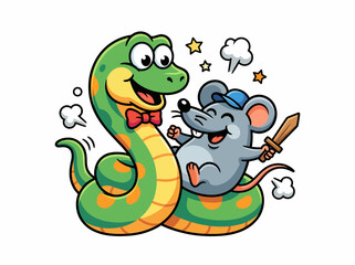 Obraz premium Happy green snake wearing a bowtie and an energetic grey mouse holding a wooden sword in this cute vector illustration