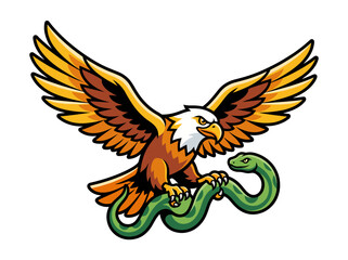 Fototapeta premium Majestic flying eagle vector illustration grasping a writhing green snake in its powerful talons, symbolizing dominance and strength.