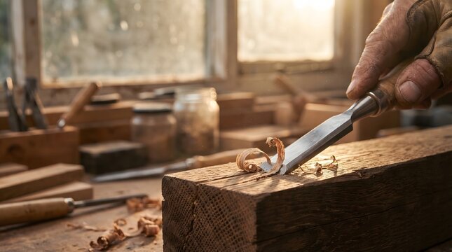 Close Up of Gloved Hand Carving Wood with Chisel