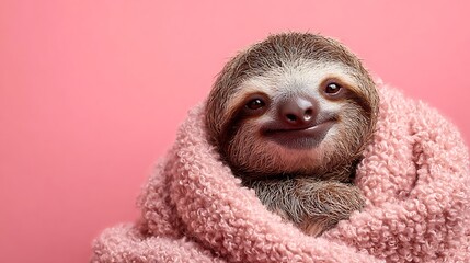 Fototapeta premium Cute Sloth Wrapped in Pink Blanket Cozy Animal Comfort Wildlife Portrait Concept