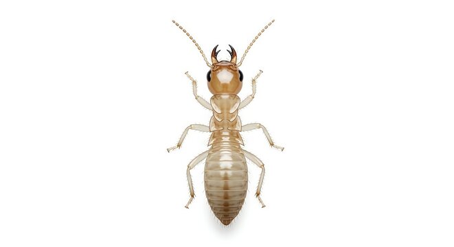 Close-up macro photograph of a termite insect isolated on a white background, showcasing its intricate body details and antennae