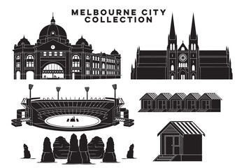 Fototapeta premium Melbourne city landmarks vector collection featuring Flinders Street Station, Twelve Apostles, Brighton Bathing Boxes, St Patricks Cathedral and MCG stadium in flat design style.