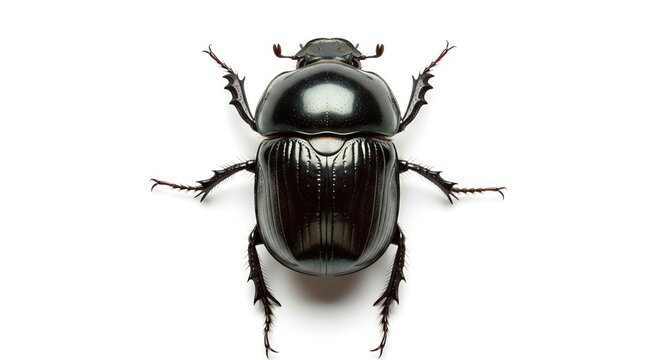 Close-up studio shot of a shiny black dung beetle isolated on a white background