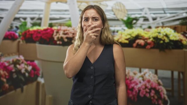 Woman covering mouth with hand in greenhouse building among colorful flower displays and large planters; surprise fatigue vulnerability.