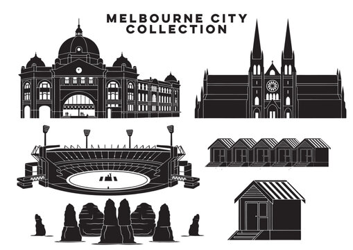 Melbourne city landmarks vector collection featuring Flinders Street Station, Twelve Apostles, Brighton Bathing Boxes, St Patricks Cathedral and MCG stadium in flat design style.