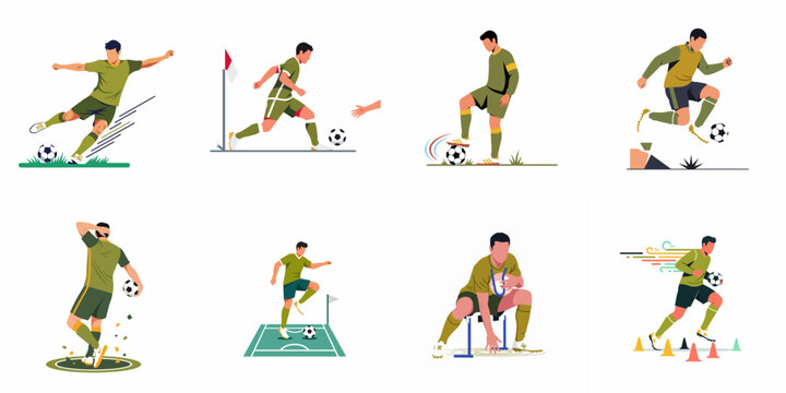 Set of flat vector illustrations depicting a professional soccer player in various action poses and training drills on a white background.