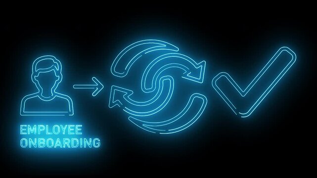Neon-lit employee onboarding process graphic with arrows and checkmark on black background