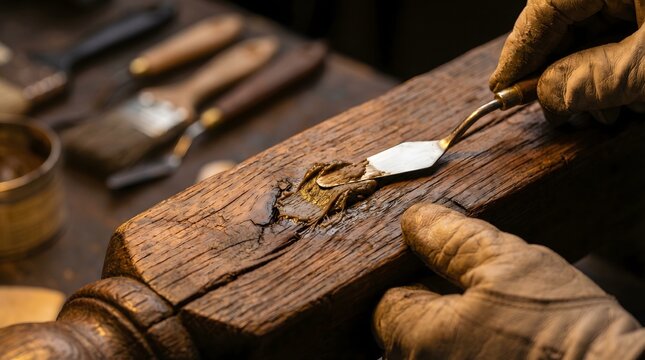 Artisan Applying Wood Filler to Crack in Antique Post