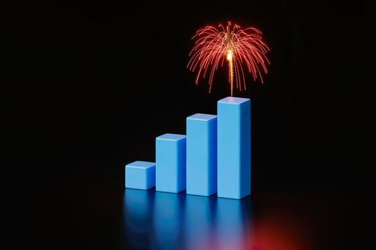 rising blue bar chart with firework explosion on top. Business growth succes