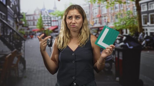 Woman holding car keys and showing green learner l plate on street with questioning hand gesture; confusion doubt.