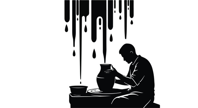 Potter shapes a clay vessel on a spinning wheel while dark liquid drips from above onto the workspace.