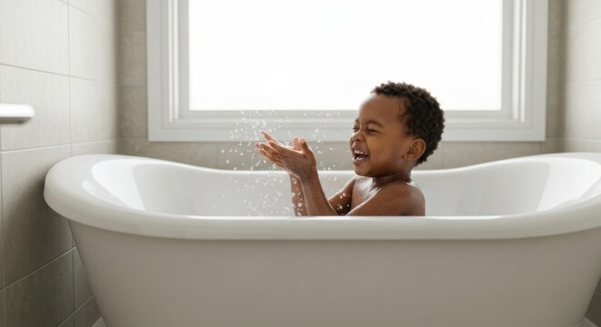 Smiling child splashes water in a classic white bathtub near a window