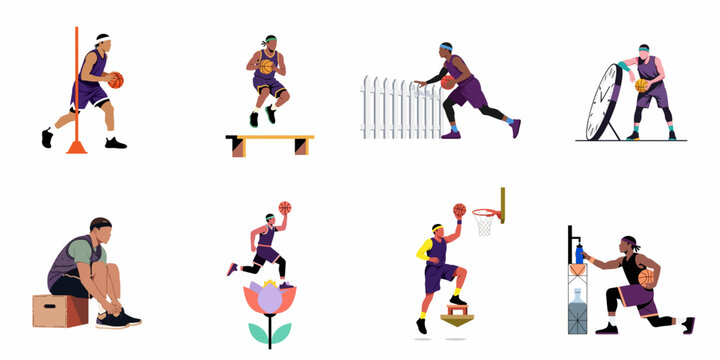 Flat vector illustration set of a male basketball player training, jumping, and practicing various drills in a stylized, modern design.