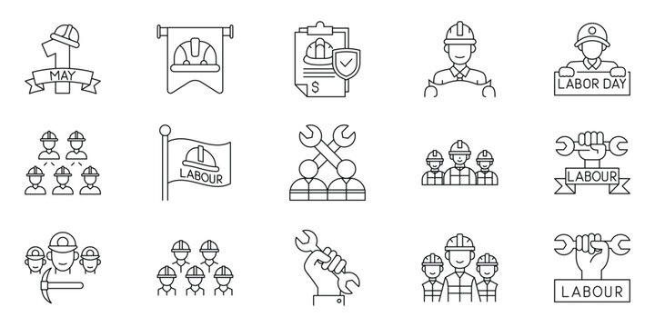 Extensive set of monochrome line icons symbolizing labor day celebrations, industrial workers, teamwork, construction safety, and essential tools for various trades