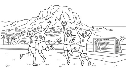 Obraz premium Soccer Team Celebrating a Goal on a Tropical Beach