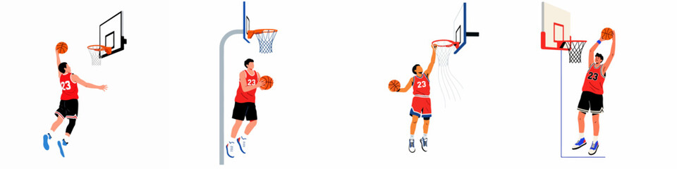 Set of four minimalist vector illustrations of basketball players in action poses, dunking and shooting, wearing red jerseys on a white background. © Nadya