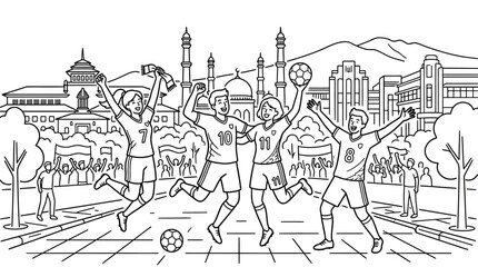 Fototapeta premium Excited Soccer Team Celebrating Victory in City