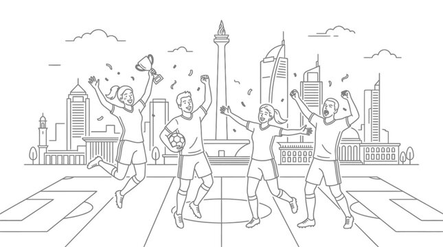 Soccer Team Celebrates Victory in Jakarta with Landmark Backdrop