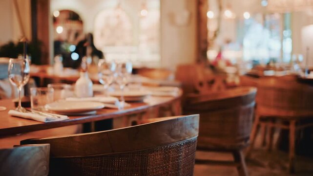 Empty stylish restaurant interior with tables set for dinner, cozy atmosphere and soft lighting.