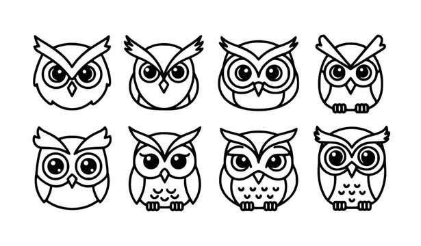 Six unique owl icons cute black white vector set