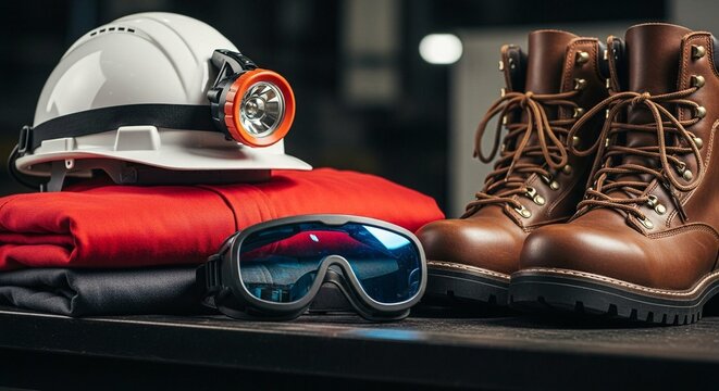 A collection of safety gear and workwear on a dark surface
