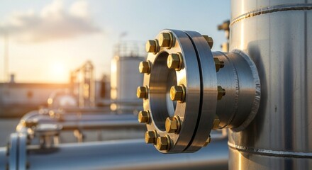 Obraz premium A large metal pipe with a bolted flange in an industrial setting at sunset