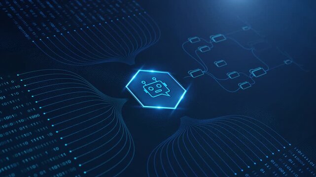 Human Hand click on AI Chatbot Hexagon Icon Processing Binary Code and File Data. Visualization AI analysis. robot head connects raw binary data streams file folders. Machine learning sorting process.