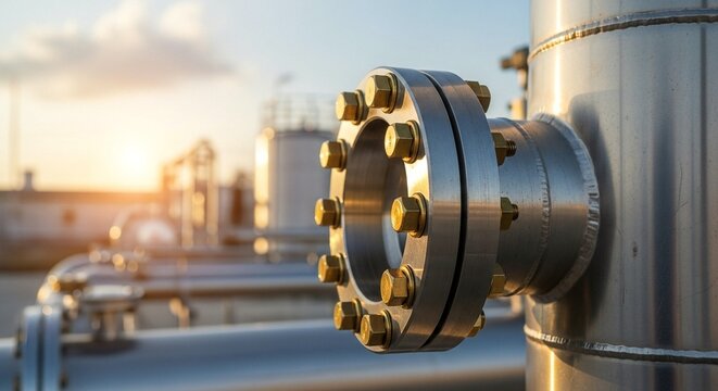 A large metal pipe with a bolted flange in an industrial setting at sunset