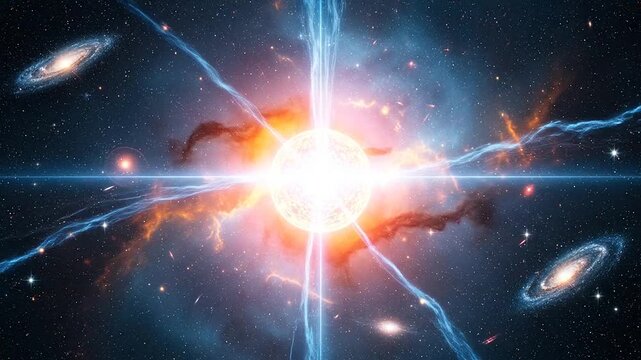 A bright celestial body surrounded by galaxies and cosmic energy in deep space
