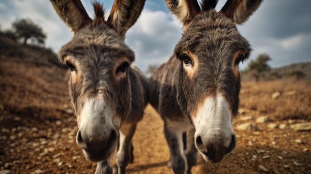 Two curious donkeys walking towards camera in nature
