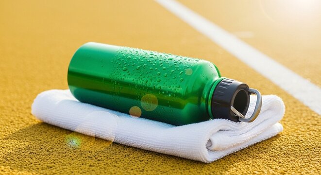 A green water bottle on a white towel on a yellow fitness floor with a white line