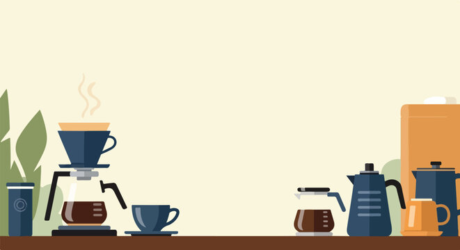 A clean vector illustration featuring a variety of coffee brewing tools like a pourover, carafe, and moka pot neatly arranged on a wooden table.