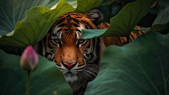 Tiger Hidden Behind Leaves in Dense Jungle Habitat