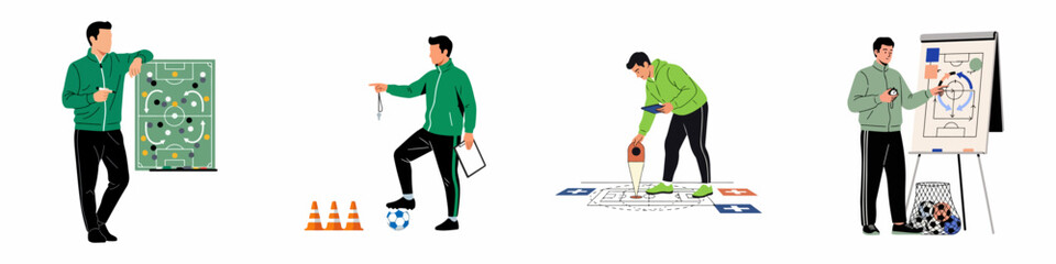 Set of flat vector illustrations depicting a soccer coach training athletes, planning team tactics, and analyzing performance data in various scenarios. © Nadya