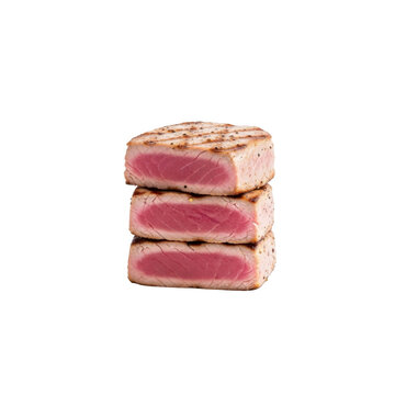 stack of three raw tuna steaks isolated on transparent background