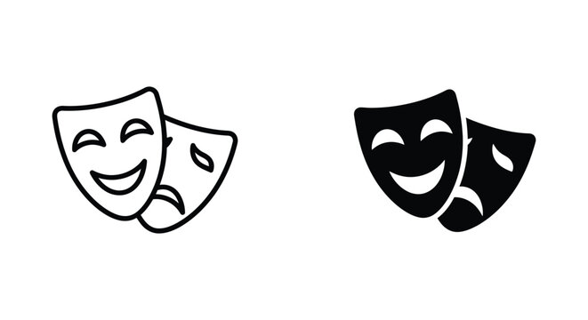 Classic comedy and tragedy theater masks presented in minimalist line art and solid silhouette styles for drama performance and storytelling concepts.