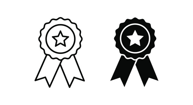 Set of Minimalist Award Ribbon Icons with Stars Representing Achievement, Quality Certification, and First Place Recognition for Business and Web Design