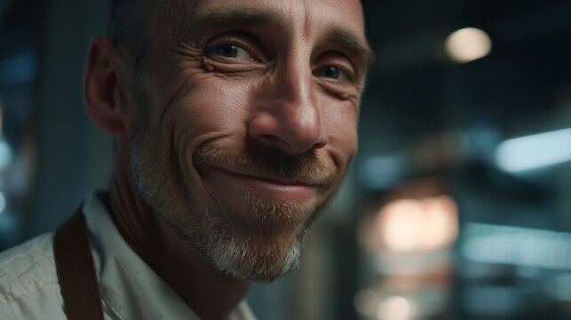 A person is smiling with a contented expression on their face and eyes look straight to camera