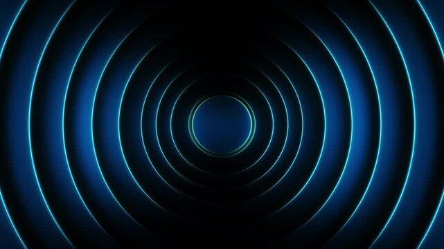 Glowing blue rings pulsing outward smooth futuristic aesthetic. shiny rings refraction animation. Bright empty motion texture copy space. Visual Of Glowing Blue Tunnel, Perfect For Video Backdrops,
