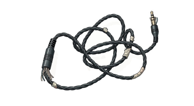 Tangled, Damaged Audio Cable with 3.5mm Jack on White Background