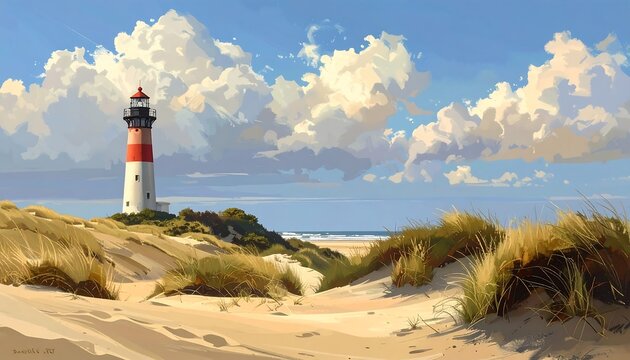 A serene lighthouse on a sandy dune with grasses