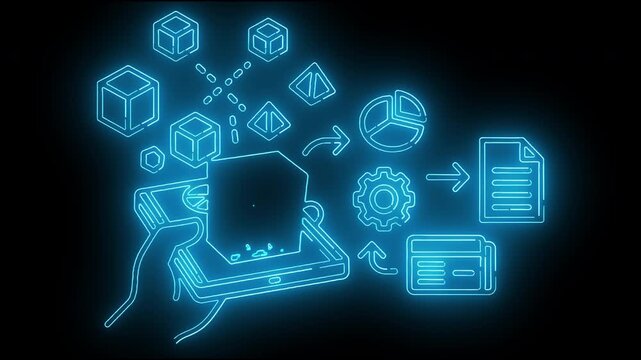 Neon-lit line drawing of a computer surrounded by digital icons and symbols on a black background with a futuristic and technological mood.