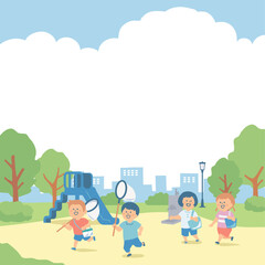Naklejka premium 夏休みに公園で遊ぶ子供たちの背景イラスト