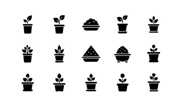 Plant pot silhouette icons set cactus houseplants saplings vector illustration isolated on white background