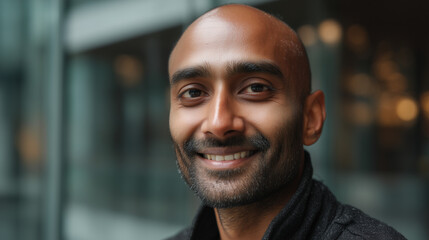 Obraz premium Confident smiling male portrait with bald head and warm friendly expression.