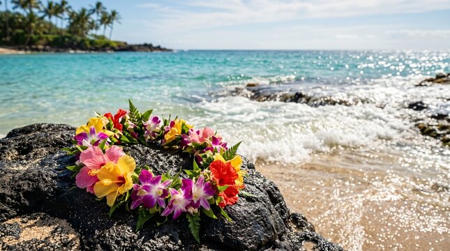 Vibrant lei rests on a rock by a tropical turquoise ocean, a symbol of aloha and paradise.